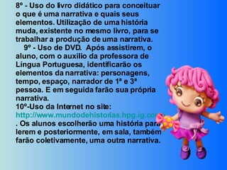 8º - Uso do livro didático para conceituar o que é uma narrativa e quais seus elementos. Utilização de uma história muda, existente no mesmo livro, para se trabalhar a produção de uma narrativa.      9º - Uso de DVD.  Após assistirem, o aluno, com o auxilio da professora de Língua Portuguesa, identificarão os elementos da narrativa: personagens, tempo, espaço, narrador de 1ª e 3ª pessoa. E em seguida farão sua própria narrativa. 10º-Uso da Internet no site:  http://www.mundodehistorias.hpg.ig.com.br/ . Os alunos escolherão uma história para lerem e posteriormente, em sala, também farão coletivamente, uma outra narrativa.  