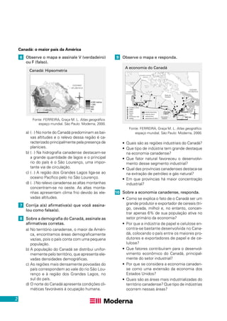 2
ESTADOS
UNIDOS
OCEANO GLACIAL
ÁRTICO
ALASCA
(EUA)
OCEANO
PACÍFICO
OCEANO
ATLÂNTICO
Baía de
Hudson
Edmonton
Vancouver
Toronto
Montreal
Winnipeg
HIDRELÉTRICA
INDÚSTRIAS DE PAPEL
CHUMBO E ZINCO
COBRE
FERRO
NÍQUEL
OURO
PETRÓLEO E GÁS
URÂNIO
Grandes
Lagos
REGIÃO INDUSTRIAL
ZONA DE PESCA
0 860 km
N
S
O L
OCEANO
ATLÂNTICO
S. Lo
u
re
nç
o
Paz
Ne
lson
Mackenz
i e
0 1 220 km
N
S
O L
4.000 metros
1.000
500
200
0
Canadá: o maior país da América
6 Observe o mapa e assinale V (verdadeiro)
ou F (falso).
9 Observe o mapa e responda.
a) ( ) No norte do Canadá predominam as bai-
xas altitudes e o relevo dessa região é ca-
racterizado principalmente pela presença de
planícies.
b) ( ) Na hidrografia canadense destacam-se
a grande quantidade de lagos e o principal
rio do país é o São Lourenço, uma impor-
tante via de circulação.
c) ( ) A região dos Grandes Lagos liga-se ao
oceano Pacífico pelo rio São Lourenço.
d) ( ) No relevo canadense as altas montanhas
concentram-se no oeste. As altas monta-
nhas apresentam clima frio devido às ele-
vadas altitudes.
7 Corrija a(s) afirmativa(s) que você assina-
lou como falsa(s).
8 Sobre a demografia do Canadá, assinale as
afirmativas corretas.
a) No território canadense, o maior da Améri-
ca, encontramos áreas demograficamente
vazias, pois o país conta com uma pequena
população.
b) A população do Canadá se distribui unifor-
memente pelo território, que apresenta ele-
vadas densidades demográficas.
c) As regiões mais densamente povoadas do
país correspondem ao vale do rio São Lou-
renço e à região dos Grandes Lagos, no
sul do país.
d) O norte do Canadá apresenta condições cli-
máticas favoráveis à ocupação humana.
Canadá: Hipsometria
Fonte: FERREIRA, Graça M. L. Atlas geográfico.
espaço mundial. São Paulo: Moderna, 2000.
• Quais são as regiões industriais do Canadá?
• Que tipo de indústria tem grande destaque
na economia canadense?
• Que fator natural favoreceu o desenvolvi-
mento desse segmento industrial?
• Qual das províncias canadenses destaca-se
na extração de petróleo e gás natural?
• Em que províncias há maior concentração
industrial?
10 Sobre a economia canadense, responda.
• Como se explica o fato de o Canadá ser um
grande produtor e exportador de cereais (tri-
go, cevada, milho) e, no entanto, concen-
trar apenas 6% de sua população ativa no
setor primário da economia?
• Por que a indústria de papel e celulose en-
contra-se bastante desenvolvida no Cana-
dá, colocando o país entre os maiores pro-
dutores e exportadores de papel e de ce-
lulose?
• Que fatores contribuíram para o desenvol-
vimento econômico do Canadá, principal-
mente do setor industrial?
• Por que se considera a economia canaden-
se como uma extensão da economia dos
Estados Unidos?
• Quais são as áreas mais industrializadas do
território canadense? Que tipo de indústrias
ocorrem nessas áreas?
A economia do Canadá
Fonte: FERREIRA, Graça M. L. Atlas geográfico.
espaço mundial. São Paulo: Moderna, 2000.
 