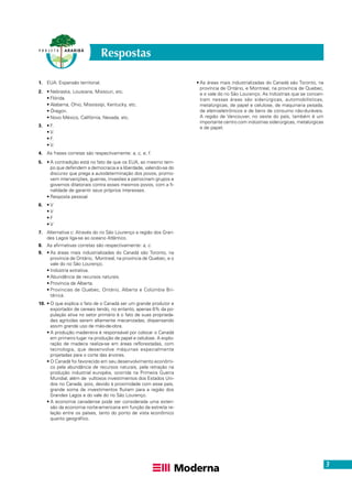 3
Respostas
1. EUA: Expansão territorial.
2. • Nebraska, Louisiana, Missouri, etc.
• Flórida.
• Alabama, Ohio, Mississípi, Kentucky, etc.
• Óregon.
• Novo México, Califórnia, Nevada, etc.
3. • F.
• V.
• F.
• V.
4. As frases corretas são respectivamente: a, c, e, f.
5. • A contradição está no fato de que os EUA, ao mesmo tem-
po que defendem a democracia e a liberdade, valendo-se do
discurso que prega a autodeterminação dos povos, promo-
vem intervenções, guerras, invasões e patrocinam grupos e
governos ditatoriais contra esses mesmos povos, com a fi-
nalidade de garantir seus próprios interesses.
• Resposta pessoal.
6. • V
• V
• F
• V
7. Alternativa c: Através do rio São Lourenço a região dos Gran-
des Lagos liga-se ao oceano Atlântico.
8. As afirmativas corretas são respectivamente: a, c.
9. • As áreas mais industrializadas do Canadá são Toronto, na
província de Ontário, Montreal, na província de Quebec, e o
vale do rio São Lourenço.
• Indústria extrativa.
• Abundância de recursos naturais.
• Província de Alberta.
• Províncias de Quebec, Ontário, Alberta e Colúmbia Bri-
tânica.
10. • O que explica o fato de o Canadá ser um grande produtor e
exportador de cereais tendo, no entanto, apenas 6% da po-
pulação ativa no setor primário é o fato de suas proprieda-
des agrícolas serem altamente mecanizadas, dispensando
assim grande uso de mão-de-obra.
• A produção madeireira é responsável por colocar o Canadá
em primeiro lugar na produção de papel e celulose. A explo-
ração de madeira realiza-se em áreas reflorestadas, com
tecnologia, que desenvolve máquinas especialmente
projetadas para o corte das árvores.
• O Canadá foi favorecido em seu desenvolvimento econômi-
co pela abundância de recursos naturais, pela retração na
produção industrial européia, ocorrida na Primeira Guerra
Mundial, além de vultosos investimentos dos Estados Uni-
dos no Canadá, pois, devido à proximidade com esse país,
grande soma de investimentos fluíram para a região dos
Grandes Lagos e do vale do rio São Lourenço.
• A economia canadense pode ser considerada uma exten-
são da economia norte-americana em função da estreita re-
lação entre os países, tanto do ponto de vista econômico
quanto geográfico.
• As áreas mais industrializadas do Canadá são Toronto, na
província de Ontário, e Montreal, na província de Quebec,
e o vale do rio São Lourenço. As indústrias que se concen-
tram nessas áreas são siderúrgicas, automobilísticas,
metalúrgicas, de papel e celulose, de maquinaria pesada,
de eletroeletrônicos e de bens de consumo não-duráveis.
A região de Vancouver, no oeste do país, também é um
importante centro com indústrias siderúrgicas, metalúrgicas
e de papel.
 