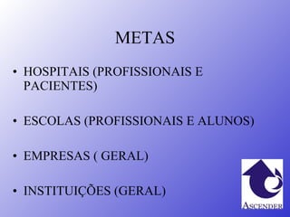 METAS HOSPITAIS (PROFISSIONAIS E PACIENTES) ESCOLAS (PROFISSIONAIS E ALUNOS) EMPRESAS ( GERAL) INSTITUIÇÕES (GERAL) 