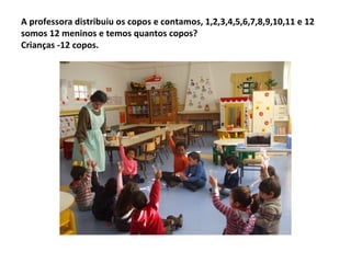A professora distribuiu os copos e contamos, 1,2,3,4,5,6,7,8,9,10,11 e 12
somos 12 meninos e temos quantos copos?
Crianças -12 copos.
 
