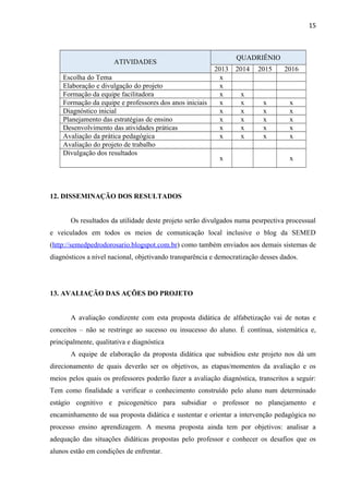 15
ATIVIDADES
QUADRIÊNIO
2013 2014 2015 2016
Escolha do Tema x
Elaboração e divulgação do projeto x
Formação da equipe facilitadora x x
Formação da equipe e professores dos anos iniciais x x x x
Diagnóstico inicial x x x x
Planejamento das estratégias de ensino x x x x
Desenvolvimento das atividades práticas x x x x
Avaliação da prática pedagógica x x x x
Avaliação do projeto de trabalho
Divulgação dos resultados
x x
12. DISSEMINAÇÃO DOS RESULTADOS
Os resultados da utilidade deste projeto serão divulgados numa pesrpectiva processual
e veiculados em todos os meios de comunicação local inclusive o blog da SEMED
(http://semedpedrodorosario.blogspot.com.br) como também enviados aos demais sistemas de
diagnósticos a nível nacional, objetivando transparência e democratização desses dados.
13. AVALIAÇÃO DAS AÇÕES DO PROJETO
A avaliação condizente com esta proposta didática de alfabetização vai de notas e
conceitos – não se restringe ao sucesso ou insucesso do aluno. É contínua, sistemática e,
principalmente, qualitativa e diagnóstica
A equipe de elaboração da proposta didática que subsidiou este projeto nos dá um
direcionamento de quais deverão ser os objetivos, as etapas/momentos da avaliação e os
meios pelos quais os professores poderão fazer a avaliação diagnóstica, transcritos a seguir:
Tem como finalidade a verificar o conhecimento construído pelo aluno num determinado
estágio cognitivo e psicogenético para subsidiar o professor no planejamento e
encaminhamento de sua proposta didática e sustentar e orientar a intervenção pedagógica no
processo ensino aprendizagem. A mesma proposta ainda tem por objetivos: analisar a
adequação das situações didáticas propostas pelo professor e conhecer os desafios que os
alunos estão em condições de enfrentar.
 
