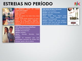 ESTREIAS NO PERÍODO
THE NECESSARY DEATH OF CHARLIE
COUNTRYMAN (Imagem)
Estreia: 29 de novembro.
Direção: Fredik Bond.
Gênero: ação.
Elenco: Shia LaBeouf, Evan Rachel Wood, Melissa
Leo, Rupert Grint.
Sinopse: Charlie decide abandonar sua rotina e
começar uma longa viagem. Chegando a
Budapeste, ele se apaixona por Gabi, mas o
poderoso chefe de uma gangue também pretende
conquistá-la.
CRÔ (Paris/Downtown/RioFilme)
Estreia: 29 de novembro.
Direção: Bruno Barrero.
Gênero: comédia.
Elenco: Marcelo Serrado, Ivete
Sangalo.
Sinopse: O mordomo gay Crô,
personagem marcante da novela Fina
Estampa, ganha vida na telona.
TIME SHOW DE BOLA (Universal)
Estreia: 29 de novembro.
Direção: Juan José Campanella.
Gênero: animação.
Vozes: Pablo Rago, Miguel Angel
Rodriguez, Fabian Gianola, Horacio
Fontova e David Masajnik.
Sinopse: Amadeo, um jovem tímido e
talentoso, tenta reunir seu time de futebol
de mesa, após uma separação.
 