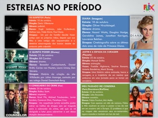ESTREIAS NO PERÍODO
OS SUSPEITOS (Paris)
Estreia: 18 de outubro.
Direção: Denis Villeneuve
Gênero: policial.
Elenco: Hugh Jackman, Jake Gyllenhaal,
Melissa Leo, Viola Davis, Paul Dano.
Sinopse: Um pai de família decide fazer
justiça com as próprias mãos, depois que sua
filha e uma amiga são sequestradas e o
detetive encarregado das buscas desiste de
procurar pelo culpado.
DIANA (Imagem)
Estreia: 18 de outubro.
Direção: Oliver Hirschbiegel.
Gênero: drama.
Elenco: Naomi Watts, Douglas Hodge,
Geraldine James, Jonathan Kerrigan,
Lawrence Belcher.
Sinopse: Cinebiografia sobre os últimos
dois anos de vida da Princesa Diana.
O QUINTO PODER (Disney)
Estreia: 25 de outubro.
Direção: Bill Condon.
Gênero: drama.
Elenco: Benedict Cumberbatch, Daniel
Brühl, Carice van Houten, Laura Linney, Dan
Stevens.
Sinopse: História da criação do site
Wikileaks por Julian Assange, contada por
seu colega Daniel Domscheit-Berg.
JUSTIN E A ESPADA DA CORAGEM
(Playarte)
Estreia: 25 de outubro.
Direção: Manuel Sicilia.
Gênero: animação.
Vozes: Freddie Highmore, Saoirse Ronanm,
Antonio Bandeiras, Mark Strong.
Sinopse: Uma história sobre amizade, honra e
coragem, e a trajetória de um menino que
embarca em uma jornada para se tornar um
cavaleiro.
O CONSELHEIRO DO CRIME (Fox)
Estreia: 25 de outubro.
Direção: Ridley Scott.
Gênero: suspense.
Elenco: Brad Pitt, Michael Fassbender, Javier
Bardem, Cameron Diaz, Penelope Cruz.
Sinopse: Um respeitado jurista acredita poder
entrar no tráfico de drogas sem ser tragado
para o submundo do crime, até que se vê
obrigado a lutar para sobreviver e sair dessa
situação desesperadora.
MEU PASSADO ME CONDENA
(Paris/Downtown/RioFilme)
Estreia: 25 de outubro.
Direção: Julia Rezende.
Gênero: comédia.
Elenco: Fábio Porchat, Miá Mello.
Sinopse: Com apenas um mês de namoro, Fábio
e Miá resolvem se casar e passar a lua de mel
em um cruzeiro até a Europa. O problema é que
na viagem eles encontram seus ex-namorados,
agora casados e também em lua de mel.
 