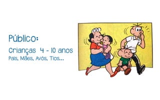 Público:
Crianças 4 - 10 anos
Pais, Mães, Avós, Tios...
 