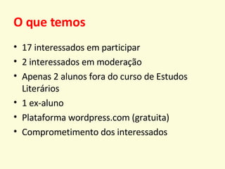 O que temos 17 interessados em participar 2 interessados em moderação Apenas 2 alunos fora do curso de Estudos Literários 1 ex-aluno  Plataforma wordpress.com (gratuita) Comprometimento dos interessados 