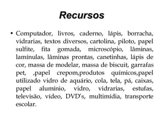 Recursos Computador, livros, caderno, lápis, borracha, vidrarias, textos diversos, cartolina, piloto, papel sulfite, fita gomada, microscópio, lâminas, lamínulas, lâminas prontas, canetinhas, lápis de cor, massa de modelar, massa de biscuit, garrafas pet, ,papel crepom,produtos químicos,papel utilizado vidro de aquário, cola, tela, pá, caixas, papel alumínio, vidro, vidrarias, estufas, televisão, vídeo, DVD’s, multimídia, transporte escolar. 
