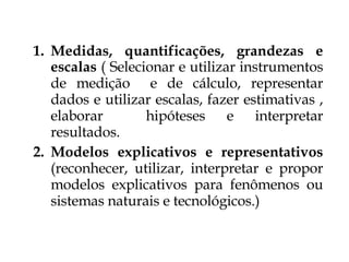 Medidas, quantificações, grandezas e escalas  ( Selecionar e utilizar instrumentos de medição  e de cálculo, representar dados e utilizar escalas, fazer estimativas , elaborar  hipóteses e interpretar resultados. Modelos explicativos e representativos  (reconhecer, utilizar, interpretar e propor modelos explicativos para fenômenos ou sistemas naturais e tecnológicos.) 