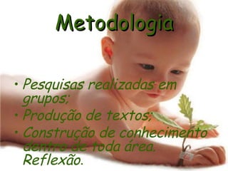 Metodologia Pesquisas realizadas em grupos; Produção de textos; Construção de conhecimento dentro de toda área. Reflexão . 