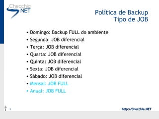 Política de Backup Tipo de JOB Domingo: Backup FULL do ambiente Segunda: JOB diferencial Terça: JOB diferencial Quarta: JOB diferencial Quinta: JOB diferencial Sexta: JOB diferencial Sábado: JOB diferencial Mensal: JOB FULL Anual: JOB FULL 