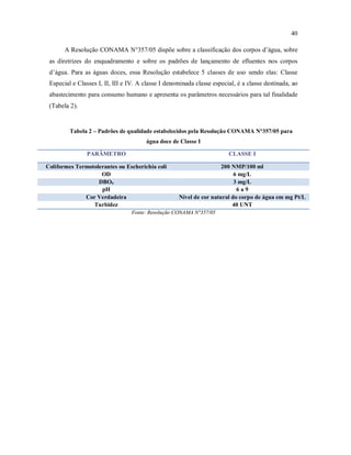 40
A Resolução CONAMA N°357/05 dispõe sobre a classificação dos corpos d’água, sobre
as diretrizes do enquadramento e sobre os padrões de lançamento de efluentes nos corpos
d’água. Para as águas doces, essa Resolução estabelece 5 classes de uso sendo elas: Classe
Especial e Classes I, II, III e IV. A classe I denominada classe especial, é a classe destinada, ao
abastecimento para consumo humano e apresenta os parâmetros necessários para tal finalidade
(Tabela 2).
Tabela 2 – Padrões de qualidade estabelecidos pela Resolução CONAMA N°357/05 para
água doce de Classe I
PARÂMETRO CLASSE I
Coliformes Termotolerantes ou Escherichia coli 200 NMP/100 ml
OD 6 mg/L
DBO5 3 mg/L
pH 6 a 9
Cor Verdadeira Nível de cor natural do corpo de água em mg Pt/L
Turbidez 40 UNT
Fonte: Resolução CONAMA N°357/05
 