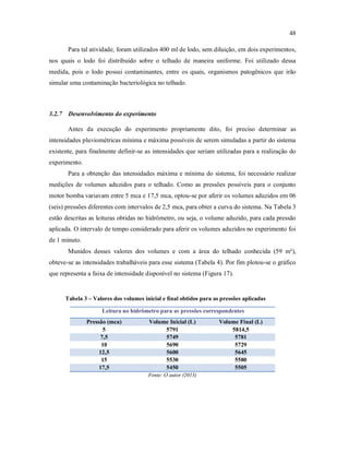 48
Para tal atividade, foram utilizados 400 ml de lodo, sem diluição, em dois experimentos,
nos quais o lodo foi distribuído sobre o telhado de maneira uniforme. Foi utilizado dessa
medida, pois o lodo possui contaminantes, entre os quais, organismos patogênicos que irão
simular uma contaminação bacteriológica no telhado.
3.2.7 Desenvolvimento do experimento
Antes da execução do experimento propriamente dito, foi preciso determinar as
intensidades pluviométricas mínima e máxima possíveis de serem simuladas a partir do sistema
existente, para finalmente definir-se as intensidades que seriam utilizadas para a realização do
experimento.
Para a obtenção das intensidades máxima e mínima do sistema, foi necessário realizar
medições de volumes aduzidos para o telhado. Como as pressões possíveis para o conjunto
motor bomba variavam entre 5 mca e 17,5 mca, optou-se por aferir os volumes aduzidos em 06
(seis) pressões diferentes com intervalos de 2,5 mca, para obter a curva do sistema. Na Tabela 3
estão descritas as leituras obtidas no hidrômetro, ou seja, o volume aduzido, para cada pressão
aplicada. O intervalo de tempo considerado para aferir os volumes aduzidos no experimento foi
de 1 minuto.
Munidos desses valores dos volumes e com a área do telhado conhecida (59 m²),
obteve-se as intensidades trabalháveis para esse sistema (Tabela 4). Por fim plotou-se o gráfico
que representa a faixa de intensidade disponível no sistema (Figura 17).
Tabela 3 – Valores dos volumes inicial e final obtidos para as pressões aplicadas
Leitura no hidrômetro para as pressões correspondentes
Pressão (mca) Volume Inicial (L) Volume Final (L)
5 5791 5814,5
7,5 5749 5781
10 5690 5729
12,5 5600 5645
15 5530 5580
17,5 5450 5505
Fonte: O autor (2013)
 