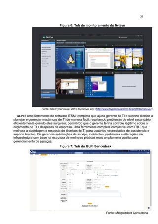 33
Figura 6: Tela de monitoramento do Neteye
Fonte: Site Hypervisual, 2015 disponível em <http://www.hypervisual.com.br/portfolio/neteye/>
GLPI é uma ferramenta de software ITSM completa que ajuda gerente de TI e suporte técnico a
planejar e gerenciar mudanças de TI de maneira fácil, resolvendo problemas de nível secundário
eficientemente quando eles surgirem, permitindo que o gerente tenha controle legítimo sobre o
orçamento de TI e despesas da empresa. Uma ferramenta completa compatível com ITIL, que
melhora a abordagem e resposta de técnicos de TI para usuários necessitados de assistencia e
suporte técnico. Ela gerencia solicitações de serviço, incidentes, problemas e alterações na
infraestrutura com base na estrutura de melhores práticas mais amplamente aceita para
gerenciamento de serviços.
Figura 7: Tela do GLPI Sericedesk
Fonte: Macgolddard Consultoria
 