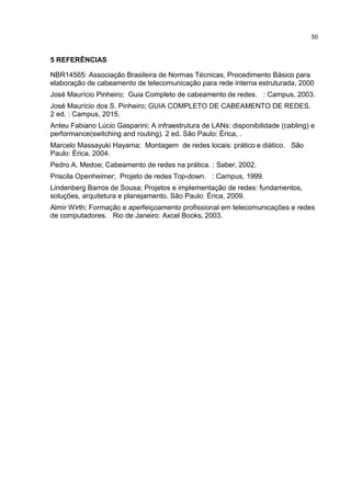 50
5 REFERÊNCIAS
NBR14565: Associação Brasileira de Normas Técnicas, Procedimento Básico para
elaboração de cabeamento de telecomunicação para rede interna estruturada, 2000
José Maurício Pinheiro; Guia Completo de cabeamento de redes. : Campus, 2003.
José Maurício dos S. Pinheiro; GUIA COMPLETO DE CABEAMENTO DE REDES.
2 ed. : Campus, 2015.
Anteu Fabiano Lúcio Gasparini; A infraestrutura de LANs: disponibilidade (cabling) e
performance(switching and routing). 2 ed. São Paulo: Érica, .
Marcelo Massayuki Hayama; Montagem de redes locais: prático e diático. São
Paulo: Érica, 2004.
Pedro A. Medoe; Cabeamento de redes na prática. : Saber, 2002.
Priscila Openheimer; Projeto de redes Top-down. : Campus, 1999.
Lindenberg Barros de Sousa; Projetos e implementação de redes: fundamentos,
soluções, arquitetura e planejamento. São Paulo: Érica, 2009.
Almir Wirth; Formação e aperfeiçoamento profissional em telecomunicações e redes
de computadores. Rio de Janeiro: Axcel Books, 2003.
 