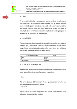 6
d. GÁS
A forma de instalação mais segura e a recomendada para todos os
laboratórios é a de um único botijão, instalado fora do prédio, em uma
caixa ventilada, porém fechada com cadeado e de preferência numa área
inacessível a alunos, para uma maior segurança. A partir do botijão, a
instalação deve ser feita através de tubulação de cobre dirigida para os
locais onde se encontram os bicos de gás.
e. REGISTROS
Recomenda-se embutir na parede do laboratório uma caixa com registros
de água, gás e eletricidade. Esta caixa deve ficar em local de livre acesso
ao professor e sinalizada adequadamente, assim como os registros e
tubulações, conforme descrito na tabela abaixo.
Tipo de instalação Cor
Água Verde
Ar Azul
Gás (GLP) Amarelo
f. BANCADAS DE TRABALHO
As bancadas deverão serão construídas de acordo com a disposição de
cada tipo de laboratório, classificadas em quatro tipos:
• Ilha:
No centro da sala. É totalmente isolada e quase sempre tem pias nas
extremidades e uma prateleira central.
• Península
Possui um de seus lados acoplado a uma parede e dessa forma deixa
três lados para acesso dos usuários.
 