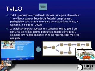 TvILO
   TvILO produzido é constituído de três principais elementos:
    1) o vídeo, segue a Sequência Fedathi, um processo
    pedagógico estruturado ao ensino de matemática [Neto, H.
    Santana, J. Rogério, 2003].
   2) a aplicação para acessar um conteúdo extra, que é um
    conjunto de mídias (como perguntas, textos e imagens),
    existindo um relacionamento entre as mesmas por meio de
    um grafo.
 