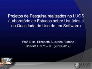 Projetos de Pesquisa realizados no LUQS
(Laboratório de Estudos sobre Usuários e
  da Qualidade de Uso de um Software)


       Prof. D.sc. Elizabeth Sucupira Furtado
         Bolsista CNPq – DT (2010-2012)
 
