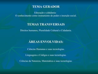 TEMA GERADOR Educação e cidadania:  O conhecimento como instrumento de poder e inserção social. TEMAS TRANSVERSAIS Direitos humanos, Pluralidade Cultural e Cidadania. ÁREAS ENVOLVIDAS: Ciências Humanas e suas tecnologias. Linguagens e Códigos e suas tecnologias. Ciências da Natureza, Matemática e suas tecnologias . 