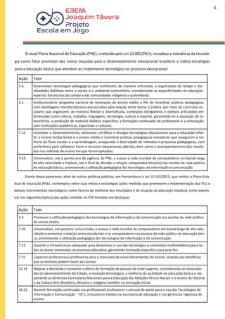 O atual Plano Nacional de Educação (PNE), instituído pela Lei 13.005/2014, ressaltou a relevância da tecnolo-
gia como fator promotor das metas traçadas para o desenvolvimento educacional brasileiro e indica estratégias
para a educação básica que atendem ao implemento tecnológico no processo educacional:
Ação Teor
2.6. Desenvolver tecnologias pedagógicas que combinem, de maneira articulada, a organização do tempo e das
atividades didáticas entre a escola e o ambiente comunitário, considerando as especificidades da educação
especial, das escolas do campo e das comunidades indígenas e quilombolas.
3.1. Institucionalizar programa nacional de renovação do ensino médio a fim de incentivar práticas pedagógicas
com abordagens interdisciplinares estruturadas pela relação entre teoria e prática, por meio de currículos es-
colares que organizem, de maneira flexível e diversificada, conteúdos obrigatórios e eletivos articulados em
dimensões como ciência, trabalho, linguagens, tecnologia, cultura e esporte, garantindo-se a aquisição de la-
boratórios, a produção de material didático específico, a formação continuada de professores e a articulação
com instituições acadêmicas, esportivas e culturais.
7.12 Incentivar o desenvolvimento, selecionar, certificar e divulgar tecnologias educacionais para a educação infan-
til, o ensino fundamental e o ensino médio e incentivar práticas pedagógicas inovadoras que assegurem a me-
lhoria do fluxo escolar e a aprendizagem, assegurada a diversidade de métodos e propostas pedagógicas, com
preferência para softwares livres e recursos educacionais abertos, bem como o acompanhamento dos resulta-
dos nos sistemas de ensino em que forem aplicadas.
7.14. Universalizar, até o quinto ano de vigência do PNE, o acesso á rede mundial de computadores em banda larga
de alta velocidade e triplicar, até o final da década, a relação computador/aluno(a) nas escolas da rede pública
de educação básica, promovendo a utilização pedagógica das tecnologias da informação e comunicação.
Diante desse panorama, além de outras políticas públicas, em Pernambuco a Lei 15.533/2015, que institui o Plano Esta-
dual de Educação (PEE), contemplou entre suas metas e estratégias ações medidas que promovem a implementação das TICs e
demais instrumentais tecnológicos como fatores de melhoria dos resultados e da atuação da educação estadual, como expres-
sos nos seguintes tópicos das ações contidas no PEE tomadas em destaque:
Ação Teor
3.3 Promover a utilização pedagógica das tecnologias da informação e da comunicação nas escolas da rede pública
de ensino médio.
7.20 Universalizar, em parceria com a União, o acesso à rede mundial de computadores em banda larga de alta velo-
cidade e aumentar a relação entre estudantes e os computadores nas escolas da rede pública de educação bási-
ca, promovendo a utilização pedagógica das tecnologias da informação e da comunicação.
7.23 Garantir a infraestrutura adequada para disseminar o uso das tecnologias e conteúdos multimidiáticos para to-
dos os atores envolvidos no processo educativo, garantindo formação específica para esse fim.
7.25 Capacitar professores e professoras para o manuseio de novas ferramentas de ensino, visando aos benefícios
que as mesmas podem trazer aos alunos.
15.19 Mapear a demanda e fomentar a oferta de formação de pessoal de nível superior, considerando as necessida-
des do desenvolvimento do Estado, a inovação tecnológica, a melhoria da qualidade da educação básica e res-
peitando as Diretrizes Curriculares Nacionais para a Educação das Relações Étnico-Raciais e o ensino da História
e da Cultura Afro-Brasileira, Africana e Indígena também na formação inicial.
16.22 Garantir formação continuada aos profissionais professores e pessoal de apoio para o uso das Tecnologias de
Informação e Comunicação - TIC’s, inclusive os lotados na secretaria de educação e nas gerencias regionais de
ensino.
6
 