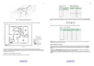 7
www.engeweb.eng.br
tamietti@task.com.br
Figura A - Exemplo da instalação dos eletrodutos.
Também podemos utilizar o diagrama de passagem dos fios/cabos do projeto para determinar a quantidade de circuitos agrupados
Figura B
Vamos encontrar, por exemplo, o fator de agrupamento do circuito 1 (circuito de iluminação de sala, dormitório, corredor e banheiro).
O trecho com a maior quantidade de circuitos agrupados por onde passa o circuito 1 é o trecho EC (eletroduto que passa pelo teto entre a sala
e o dormitório – figura A). São quatro circuitos agrupados no total. Quanto aos demais circuitos, os eletrodutos com o maior número de circuitos
agrupados estão no diagrama (figura B).
A tabela 8 mostra como ficaram agrupados todos os circuitos.
A tabela 9 contém os fatores de agrupamento em função do número de circuitos agrupados
8
www.engeweb.eng.br
tamietti@task.com.br
No circuito 1, o maior número de circuitos agrupados é quatro. Portanto, o fator de agrupamento a ser utilizado é 0,65. Divida a corrente (Ic) do
circuito 1, calculada anteriormente (veja tabela 7), pelo fator de agrupamento (f) encontrado para determinar o valor da corrente de projeto
(Ib).
Repita o mesmo processo nos demais circuitos a fim de encontrar suas respectivas correntes corrigidas.
Atenção: conhecendo a corrente de projeto (Ib) de todos os circuitos terminais e de distribuição, pode-se determinar o dimensionamento
adequado dos fios e dos cabos para cada um deles.
Dimensionamento dos condutores
Em nosso exemplo do circuito 1, supondo que o teto seja de laje e que os eletrodutos serão embutidos nela, podemos utilizar condutores
isolados ou cabos unipolares em eletroduto de seção circular embutido em alvenaria”. É o segundo esquema na tabela 11. Seu método de
referência é B1. Se em vez de laje o teto fosse um forro de madeira ou gesso, utilizaríamos o quarto esquema, e o método de referência
mudaria.
Após determinar o método de referência, escolhe-se a bitola do cabo ou do fio que serão utilizados na instalação a partir da tabela 12. A
quantidade de condutores carregados no circuito (fases e neutro) também influencia a escolha.
No exemplo do circuito 1, há dois condutores carregados (uma fase e um neutro). Conforme a tabela 10, sua corrente corrigida Ib é 8A, e o
método de referência que devemos utilizar é B1. Portanto, de acordo com a tabela 12, a seguir, a seção (bitola) mínima do condutor deve ser
0,5 mm2
.
 
