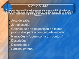 COMO FAZER O projeto será realizado junto aos alunos com dificuldades em leitura e escrita, dos Ensinos Médio e Fundamental, de forma bem dinâmica, motivadora para que os mesmos reafirmem sua auto-estima. Arca do saber Jornal escolar Galerias de arte (exposição de textos produzidos para a comunidade escolar) Narrações – “quem conta um conto...” Descrições Dissertações Partilha literária 