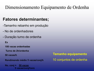 Dimensionamento Equipamento de Ordenha
Fatores determinantes;
-Tamanho rebanho em produção
- No de ordenhadores
- Duração turno de ordenha
Ex
100 vacas ordenhadas
Turno de 2h/ordenha
50 vacas/h
Rendimendo médio 5 vacas/conj/h
No. conj = 50 vacas
5 vacas/conj/hora
Tamanho equipamento
10 conjuntos de ordenha
 