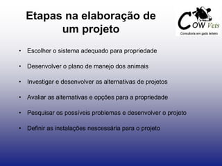 Etapas na elaboração de
um projeto
• Escolher o sistema adequado para propriedade
• Desenvolver o plano de manejo dos animais
• Investigar e desenvolver as alternativas de projetos
• Avaliar as alternativas e opções para a propriedade
• Pesquisar os possíveis problemas e desenvolver o projeto
• Definir as instalações nescessária para o projeto
 