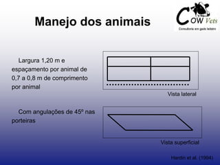 Manejo dos animais
Vista lateral
Vista superficial
Largura 1,20 m e
espaçamento por animal de
0,7 a 0,8 m de comprimento
por animal
Com angulações de 45º nas
porteiras
Hardin et al. (1994)
 