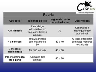 Recria
Categoria Tamanho do lote
Largura de cocho
por animal (cm)
Observações
Até 3 meses
Ideal abrigo
individual ou em
pequenos lotes: 5
animais
30
Coberta de 1
metro quadrado
por animal
4 a 6 meses
10 a 20 animais
com máximo de
50
30 a 40
O ideal é trabalhar
com lotes menores
nesta idade
7 meses a
inseminação
Até 100 animais 40 a 60
Pós inseminação
até o parto
Acima de 100
animais
40 a 60
 