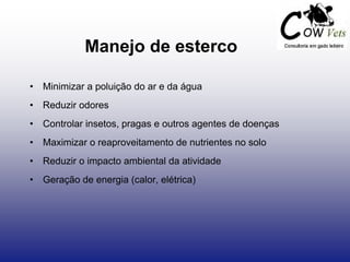 Manejo de esterco
• Minimizar a poluição do ar e da água
• Reduzir odores
• Controlar insetos, pragas e outros agentes de doenças
• Maximizar o reaproveitamento de nutrientes no solo
• Reduzir o impacto ambiental da atividade
• Geração de energia (calor, elétrica)
 