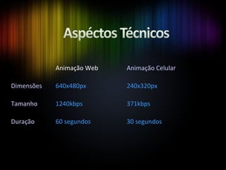 Animação Web Animação Celular Dimensões Tamanho Duração 240x320px 640x480px 371kbps 1240kbps 30 segundos 60 segundos 