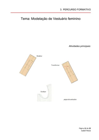 Página 11 de 22
Isabel Paiva
3. PERCURSO FORMATIVO
Tema: Modelação de Vestuário feminino
Atividades principais:
 