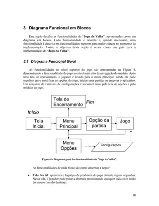 10
3 Diagrama Funcional em Blocos
Esta seção detalha as funcionalidades do “Jogo da Velha”, apresentadas como um
diagrama em blocos. Cada funcionalidade é descrita e, quando necessário, uma
funcionalidade é descrita em funcionalidades menores para maior clareza no momento da
implementação. Assim, o objetivo desta seção é servir como um guia para a
implementação do “Jogo da Velha”.
3.1 Diagrama Funcional Geral
As funcionalidades no nível superior do jogo são apresentadas na Figura 4,
demonstrando a funcionalidade do jogo no nível mais alto da navegação do usuário. Após
uma tela de apresentação, o jogador é levado para o menu principal, aonde ele pode
escolher entre modificar as opções do jogo, iniciar uma partida ou encerrar o aplicativo.
Um conjunto de variáveis de configurações é acessível tanto pela tela de opções e pelo
módulo do jogo.
Figura 4 - Diagrama geral das funcionalidades do "Jogo da Velha".
As funcionalidades de cada bloco são como descritas a seguir:
• Tela Inicial: apresenta o logotipo da produtora do jogo durante alguns segundos.
Nesta tela, o jogador pode pular a abertura pressionando qualquer tecla ou o botão
do mouse (versão desktop).
Tela
Inicial
Menu
Principal
Menu
Opções
Jogo
Início
Tela de
Encerramento
Fim
Opção da
partida
Configurações
 