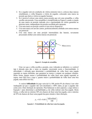 15
2. Se o jogador está em condições de vitória eminente (isto é, colocou duas marcas
simultâneas), a velha bloqueia a vitória do jogador, colocando uma marca na
posição que daria a vitória ao jogador humano.
3. Se é possível colocar uma marca numa posição que crie uma armadilha, a velha
escolhe esta posição. Uma armadilha é exemplificada na Figura 8, aonde a criação
de uma marca na posição indicada cria a oportunidade de vitória garantida no
próximo turno, independente da posição escolhida pelo oponente.
4. Cria uma marca na posição central se esta estiver disponível.
5. Cria uma marca em um dos cantos, preferencialmente alinhada com outras marcas
em potencial.
6. Cria uma marca em uma posição intermediária das laterais, novamente
procurando alinhar com outras marcas em potencial.
Figura 8 - Exemplo de armadilha.
Uma vez que a velha escolha a posição, esta é alterada no tabuleiro e a variável
vez é alterada para dar o turno ao jogador, encerrando assim a funcionalidade. A
dificuldade é utilizada para determinar a probabilidade da velha fazer uma jogada
seguindo as regras definidas, que garantem ao menos o empate em qualquer situação.
Desta forma, quanto menor a probabilidade da velha fazer uma jogada seguindo as
regras, mais fácil fica o jogo e, quanto maior a probabilidade da velha fazer uma boa
jogada, mais difícil ele fica.
A variável dificuldade do jogo varia de 0 a 100, porém 0% de chance é um valor
inadequado (já que o jogador não será desafiado) e 100% idem, já que o jogador não
conta com o fator distração do oponente. Para balancear os dois aspectos, o jogo utiliza a
Equação 1 para determinar a probabilidade pj da velha realizar uma boa jogada. Desta
forma, a velha terá no mínimo 50% de chances de fazer uma boa jogada, com o máximo
de 95% de chances de fazer uma jogada boa para simular o fator distração.
⎟
⎠
⎞
⎜
⎝
⎛
×+=
100
45.05.0
edificuldad
pj
Equação 1 - Probabilidade da velha fazer uma boa jogada.
Marca nova
 