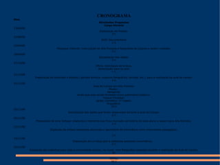 CRONOGRAMA Dias Atividades Propostas Carga Horária 13/08/08 Elaboração do Projeto. 3 h 22/08/08 DVD: Documentário 1 h 10/09/08 Pesquisa: internet; Colonização de Alta Floresta e fotografias do lugares a serem visitados. 4 h 26/09/08 Socialização dos dados. 2 h 07/10/08 Ofício: Solicitação do ônibus. Autorização para os pais. 1 h 31/10/08 Preparação de materiais e objetos ( garrafa térmica, máquina fotográfica, lanches, etc.), para a realização da aula de campo. 4 h 01/11/08 Aula de Campo em Alta Floresta: Museu:  Aeroporto; Avião que esta sendo tombado como patrimônio histórico. Parque Florestal; Igreja; Cemitério; 1ª Capela. Orquidário. 10 h 03/11/08 Socialização dos dados que foram observados durante a aula de Campo. 2 h 05/11/08 Preparação de uma Síntese: relatando o momento que ficou marcado na história de cada aluno a viajem para Alta Floresta. 2 h 12/11/08 Digitação da síntese elaborada utilizando o laboratório de informática como instrumento pedagógico. 2 h 14/11/08 Elaboração de um blog spot e slideshow postando comentários. 5 h 20/11/08 Exposição dos trabalhos para toda a comunidade escolar, no mural  com fotografias expostas durante a realização da Aula de Campo. 4h TOTAL: 40 h 