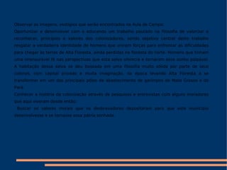Observar as imagens, vestígios que serão encontrados na Aula de Campo;  Oportunizar e desenvolver com o educando um trabalho pautado na filosofia de valorizar e reconhecer, princípios e valores dos colonizadores, sendo objetivo central deste trabalho resgatar a verdadeira identidade de homens que uniram forças para enfrentar as dificuldades para chegar às terras de Alta Floresta, ainda perdidas na floresta do norte. Homens que tinham uma imensurável fé nas perspectivas que esta selva oferecia e tornaram esse sonho palpável. A habitação dessa selva se deu baseada em uma filosofia muito sólida por parte de seus colonos, com capital privado e muita imaginação, na época levando Alta Floresta a se transformar em um dos principais pólos de abastecimento de garimpos de Mato Grosso e do Pará. Conhecer a história da colonização através de pesquisas e entrevistas com alguns moradores que aqui viveram desde então; Buscar os valores morais que os desbravadores depositaram para que este município desenvolvesse e se tornasse essa pátria sonhada. 