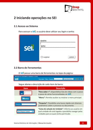 Sistema Eletrônico de Informações | Manual do Usuário	 15
2 Iniciando operações no SEI
2.1 Acesso ao Sistema
Para acessar o , o usuário deve utilizar seu login e senha:
2.2 Barra de Ferramentas
O possui uma barra de ferramentas no topo da página:
Segue abaixo a descrição de cada item da barra:
Item Descrição
“Para saber +”: disponibiliza lista de vídeos com o passo
a passo de várias funcionalidades do .
“Menu”: Permite ocultar ou mostrar o menu principal.
“Pesquisa”: Possibilita uma busca rápida com diversos
parâmetros sobre o processo ou documento.
“Caixa de seleção de Unidade”: Informa ao usuário em
qual unidade ele está logado e possibilita navegar pelas
unidades para as quais tenha permissão.
 