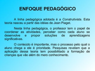 ENFOQUE PEDAGÓGICO A linha pedagógica adotada é a  Construtivista . Esta teoria nasceu a partir das idéias de Jean Piaget.  Nesta linha pedagógica, o professor tem o papel de coordenar as atividades, perceber como cada aluno se desenvolve e propor soluções de aprendizagens significativas.  O conteúdo é importante, mas o processo pelo qual o aluno chega a ele é prioridade. Pesquisas revelam que a aplicação dessa teoria tem possibilitado a formação de crianças que vão além do mero conhecimento. 