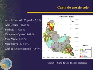 Carta de uso do solo   Figura 8 –  Carta de Uso do Solo  Elaborada   - Área de Sucessão Vegetal  - 2,6 % - Área Urbana - 42,09 % - Banhado - 17,16 % - Campo Antrópico -15,43 % - Mata Mista - 2,95 % - Mata Nativa - 13,86 % - Área de Reflorestamento - 4,84   % 