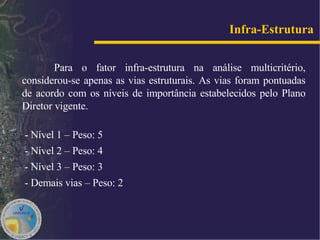 Para o fator infra-estrutura na análise multicritério, considerou-se apenas as vias estruturais. As vias foram pontuadas de acordo com os níveis de importância estabelecidos pelo Plano Diretor vigente.  - Nível 1 – Peso: 5  - Nível 2 – Peso: 4 - Nível 3 – Peso: 3 - Demais vias – Peso: 2 Infra-Estrutura   
