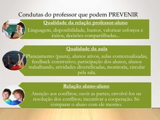 Qualidade da relação professor-aluno
Linguagem, disponibilidade, humor, valorizar esforços e
êxitos, decisões compartilhadas...
Qualidade da aula
Planejamento (pauta), alunos ativos, aulas contextualizadas,
feedback construtivo; participação dos alunos, alunos
trabalhando, atividades diversificadas, monitoria, circular
pela sala.
Relação aluno-aluno
Atenção aos conflitos; ouvir as partes; envolvê-los na
resolução dos conflitos; incentivar a cooperação. Só
comparar o aluno com ele mesmo.
Condutas do professor que podem PREVENIR
 