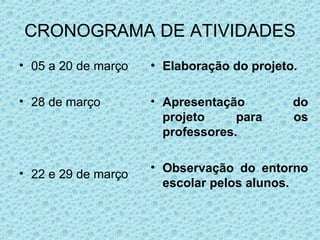 CRONOGRAMA DE ATIVIDADES 05 a 20 de março  28 de março 22 e 29 de março Elaboração do projeto. Apresentação do projeto para os professores. Observação do entorno escolar pelos alunos. 