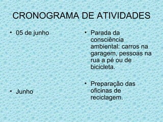 CRONOGRAMA DE ATIVIDADES 05 de junho Junho Parada da consciência ambiental: carros na garagem, pessoas na rua a pé ou de bicicleta. Preparação das oficinas de reciclagem. 