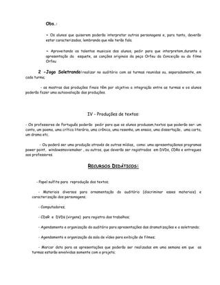 Obs.:

              - Os alunos que quiserem poderão interpretar outros personagens e, para tanto, deverão
              estar caracterizados, lembrando que não terão fala.


              - Aproveitando os talentos musicais dos alunos, pedir para que interpretem,durante a
              apresentação da   esquete, as canções originais da peça Orfeu da Conceição ou do filme
              Orfeu


       2 -Jogo Soletrando:realizar no auditório com as turmas reunidas ou, separadamente, em
cada turma;

        - as mostras das produções finais têm por objetivo a integração entre as turmas e os alunos
poderão fazer uma autoavaliação das produções.




                                      IV - Produções de textos:

- Os professores de Português poderão pedir para que os alunos produzam,textos que poderão ser: um
conto, um poema, uma crítica literária, uma crônica, uma resenha, um ensaio, uma dissertação, uma carta,
um drama etc.

        - Ou poderá ser uma produção através de outras mídias, como: uma apresentaçãonos programas
power point, windowsmoviemaker , ou outros, que deverão ser registrados em DVDs, CDRs e entregues
aos professores.


                                      RECURSOS DIDÁTICOS:


      - Papel sulfite para reprodução dos textos;

      - Materiais diversos para ornamentação do auditório (discriminar esses materiais)               e
   caracterização dos personagens;

       - Computadores;

       - CDsR e DVDs (virgens) para registro dos trabalhos;

       - Agendamento e organização do auditório para apresentações das dramatizações e o soletrando;

       - Agendamento e organização da sala de vídeo para exibição de filmes;

      - Marcar data para as apresentações que poderão ser realizadas em uma semana em que            as
   turmas estarão envolvidas somente com o projeto;
 