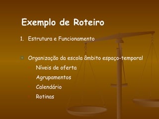 Estrutura e Funcionamento Organização da escola âmbito espaço-temporal Níveis de oferta Agrupamentos Calendário Rotinas Exemplo de Roteiro 