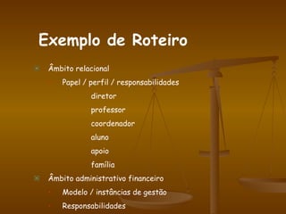 Âmbito relacional Papel / perfil / responsabilidades diretor professor coordenador aluno apoio família Âmbito administrativo financeiro Modelo / instâncias de gestão Responsabilidades Exemplo de Roteiro 