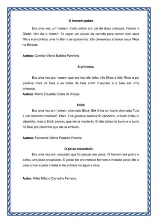O homem pobre
Era uma vez um homem muito pobre era pai de duas crianças, Hansel e
Gretel. Um dia o homem foi caçar um pouco de comida para comer com seus
filhos e encontrou uma mulher e se apaixonou. Ela convenceu a deixar seus filhos
na floresta.
Autora: Camille Vitória Batista Parintins
A princesa
Era uma vez um homem que era rico ele tinha três filhos e três filhas o pai
gostava mais da bela e as irmãs da bela eram invejosas e a bela era uma
princesa.
Autora: Maria Eduarda Costa de Araújo
Erick
Era uma vez um homem chamado Erick. Ele tinha um burro chamado Tute
e um cãozinho chamado Tifani. Erik gostava demais do cãozinho, o burro imitou o
cãozinho, mas o Erick pensou que ele ia morde-lo. Então bateu no burro e o burro
foi falar pro cãozinho que ele ia embora.
Autora: Fernanda Vitória Ferreira Pereira
O peixe encantado
Era uma vez um pescador que foi pescar um peixe. O homem era pobre e
achou um peixe encantado. O peixe ele era metade homem e metade peixe ele ia
para o mar e para a terra e ele entrava na água e saia.
Autor: Hilke Milano Carvalho Ferreira.
 
