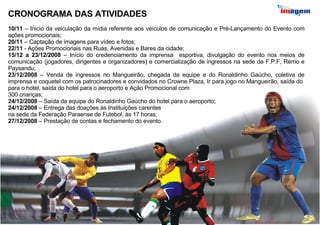 CRONOGRAMA DAS ATIVIDADES 10/11  – Inicio da veiculação da mídia referente aos veículos de comunicação e Pré-Lançamento do Evento com ações promocionais; 20/11  – Captação de imagens para vídeo e fotos; 22/11  - Ações Promocionais nas Ruas, Avenidas e Bares da cidade; 15/12 a 23/12/2008  – Início do credenciamento da imprensa  esportiva, divulgação do evento nos meios de comunicação (jogadores, dirigentes e organizadores) e comercialização de ingressos na sede da F.P.F, Remo e Paysandu; 23/12/2008  – Venda de ingressos no Mangueirão, chegada da equipe e do Ronaldinho Gaúcho, coletiva de imprensa e coquetel com os patrocinadores e convidados no Crowne Plaza, Ir para jogo no Mangueirão, saída do  para o hotel, saída do hotel para o aeroporto e Ação Promocional com  300 crianças; 24/12/2008  – Saída da equipe do Ronaldinho Gaúcho do hotel para o aeroporto; 24/12/2008  – Entrega das doações às Instituições carentes  na sede da Federação Paraense de Futebol, às 17 horas; 27/12/2008  – Prestação de contas e fechamento do evento. 