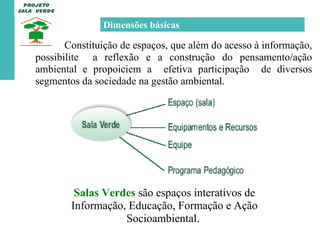 Constituição de espaços, que além do acesso à informação, possibilite  a reflexão e a construção do pensamento/ação ambiental e propoiciem a  efetiva participação  de diversos segmentos da sociedade na gestão ambiental.  Salas Verdes   são espaços interativos de Informação, Educação, Formação e Ação Socioambiental.  Dimensões básicas 