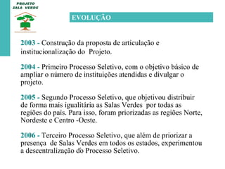 2003 -  Construção da proposta de articulação e institucionalização do  Projeto. 2004 -  Primeiro Processo Seletivo, com o objetivo básico de ampliar o número de instituições atendidas e divulgar o projeto. 2005 -  Segundo Processo Seletivo, que objetivou distribuir de forma mais igualitária as Salas Verdes  por todas as regiões do país. Para isso, foram priorizadas as regiões Norte, Nordeste e Centro -Oeste. 2006 -  Terceiro Processo Seletivo, que além de priorizar a presença  de Salas Verdes em todos os estados, experimentou a descentralização do Processo Seletivo. EVOLUÇÃO  . 